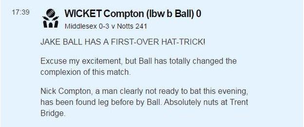 Live text commentary of Jake Ball's hat-trick