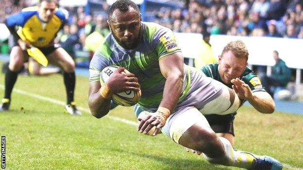 Vereniki Goneva scores Newcastle's third try against London Irish