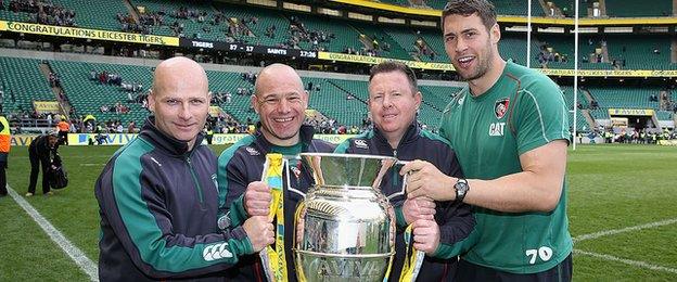 Matt O'Connor enjoyed his third Premiership title success with Leicester at Twickenham in 2013 alongside the rest of the Tigers coaching staff, Paul Burke (left), Richard Cockerill and Richard Blaze (right)