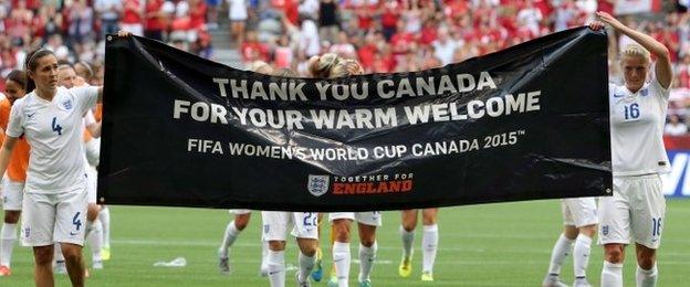 England players with a banner thanking Canada for its hospitality