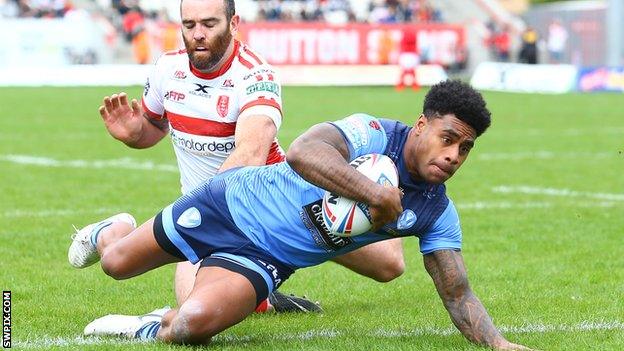 St Helens centre Kevin Naiqama scores a try