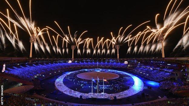 The Carrara Stadium is lit up by fireworks