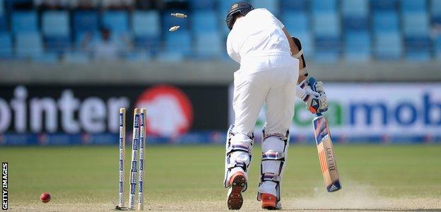 Stuart Broad is bowled by Wahab Riaz