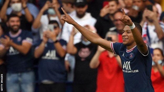 Kylian Mbappe celebrates scoring for Paris Saint-Germain against Clermont