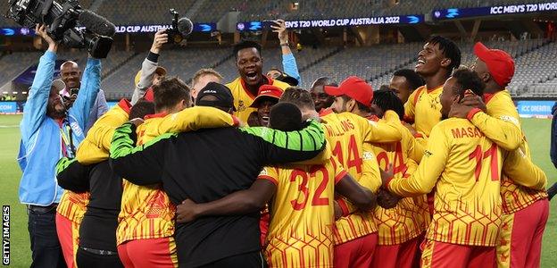 Zimbabwe celebrate on the outfield