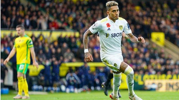 Raphinha celebrates scoring for Leeds against Norwich