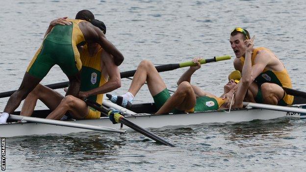 Sizwe Ndlovu hugs his team-mate after they won gold at the 2012 Olympics in London