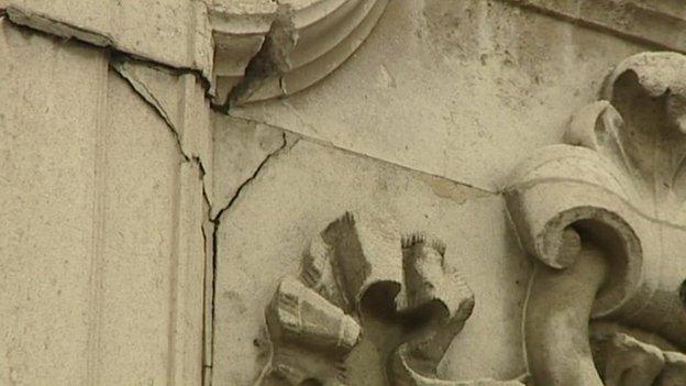 A crack in an exterior wall at Buckingham Palace. Still image from Nicholas Witchell package, June 2013