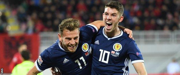Ryan Fraser and Ryan Christie celebrate against Albania