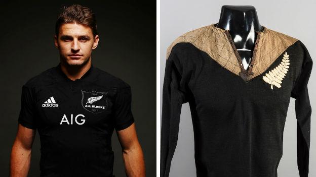 Beauden Barrett models a 2017 shirt while a mannequin sports a shirt from the 1905 Originials