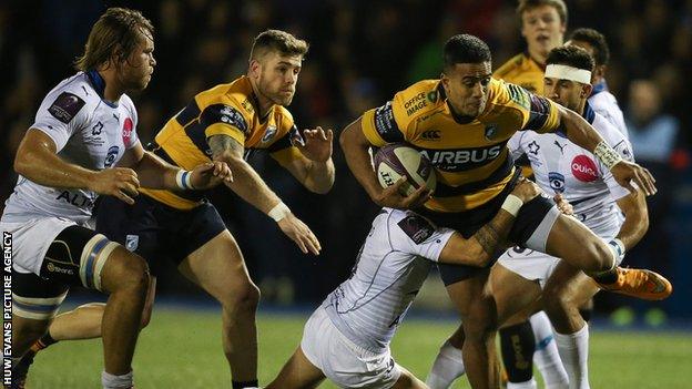 Cardiff Blues centre Rey Lee-Lo charges at the Montpellier defence