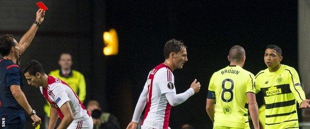 Celtic's Emilio Izaguirre was sent off against Ajax