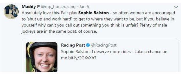 Tweet from Racing Post reporter Maddy Playle