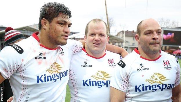 Nick Williams (left) with Calum Black (centre) and Rory Best after Ulster's win over Oyonnax on Sunday