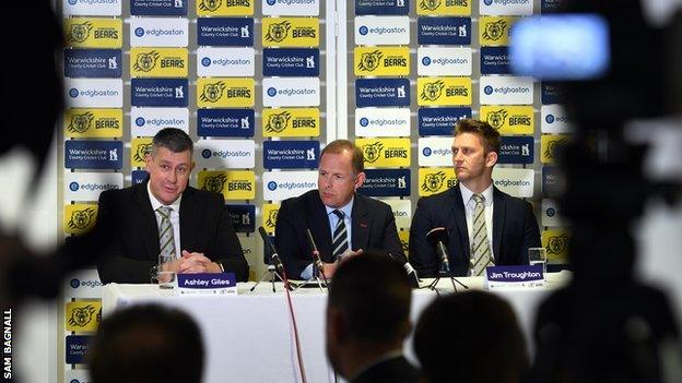 Sport director Ashley Giles (left) and coach Jim Troughton (right) were officially unveiled by chief executive Neil Snowball at an Edgbaston press conference