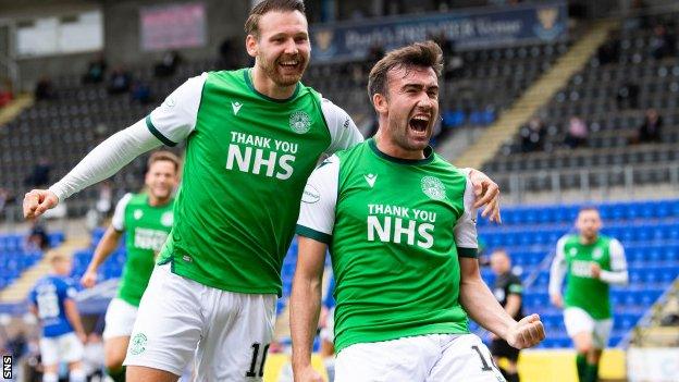 Hibernian midfielder Stevie Mallan (right) celebrates