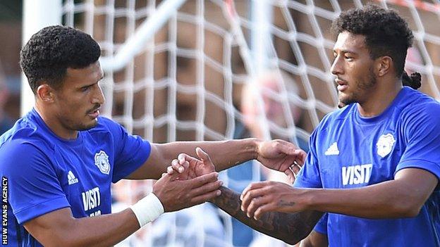 Idriss Saadi (L) of Cardiff City celebrates his goal with Nathaniel Mandez-Laing