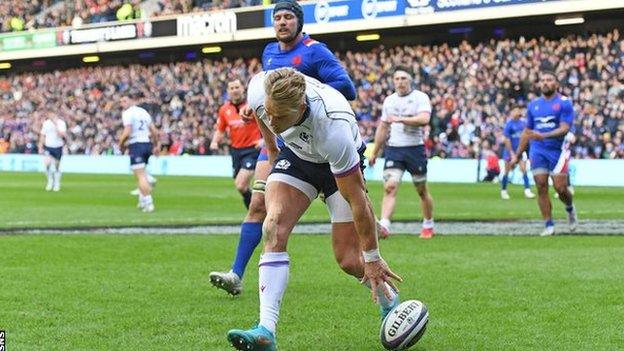 Duhan van der Merwe scores a try for Scotland against France