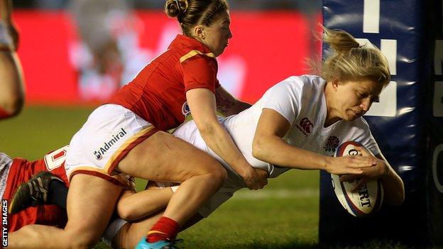 England's Ceri Large crosses the line against Wales