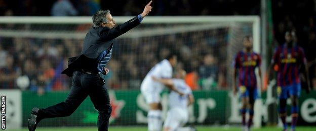 Jose Mourinho celebrates after Inter Milan beat Barcelona in the Champions League semi-final