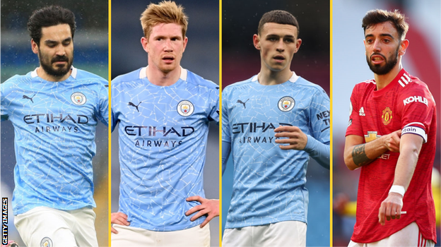 Ilkay Gundogan (Man City), Kevin de Bruyne (Man City), Phil Foden (Man City), Bruno Fernandes (Man Utd)