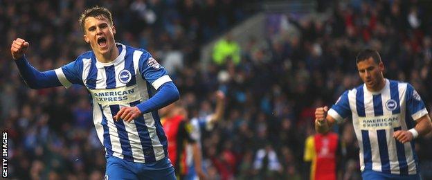 Brighton's Solly March celebrates his first-half goal against Birmingham