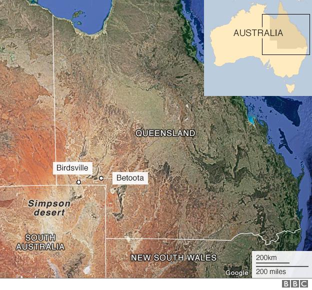 This map shows the remote Australian town of Betoota is 1800km from Sydney