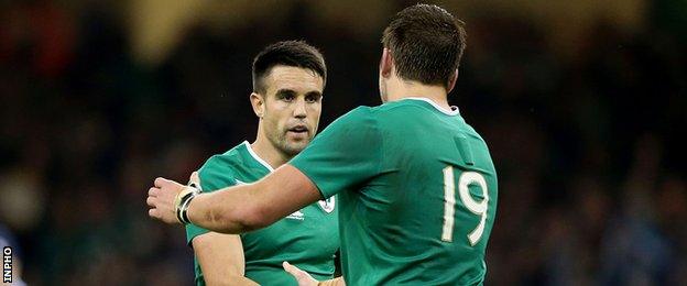 Conor Murray is congratulated by Iain Henderson after scoring Ireland's second try