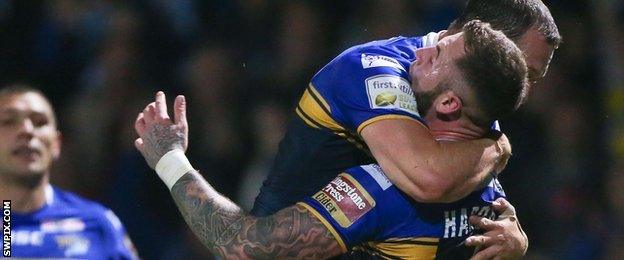 Zak Hardaker celebrates Leeds' first try