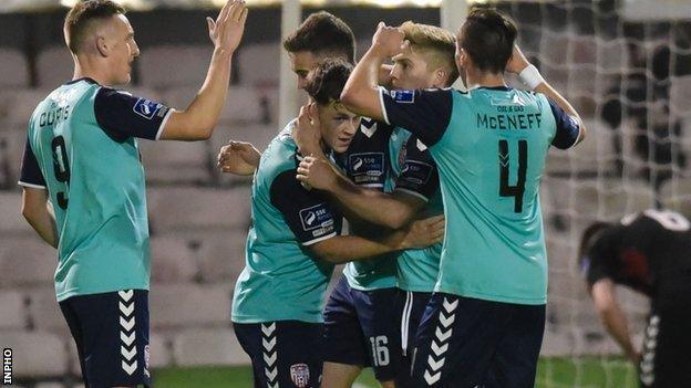 Celebrations for the Candystripes after Nathan Boyle makes it 2-0 against Bohemians