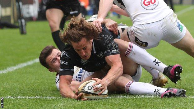 Jeff Hassler scores for Ospreys in Belfast