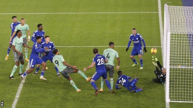 Dominic Calvert-Lewin has a shot saved against Leicester before Mason Holgate scored his first Everton goal from the rebound