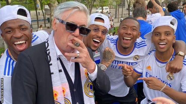 Real Madrid manager Carlo Ancelotti celebrates with his Real Madrid La Liga title winning-team