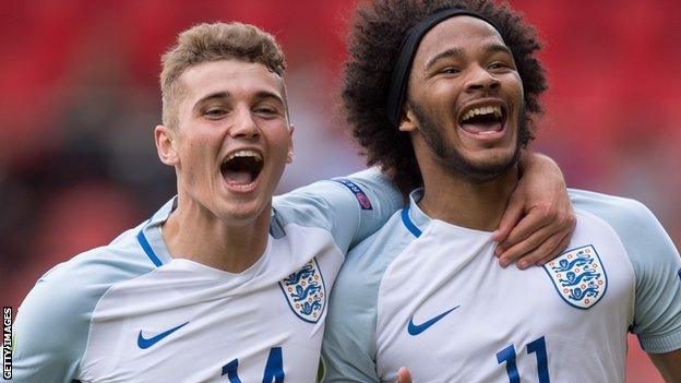 Ryan Ledson and Isaiah Brown in England under-19 action