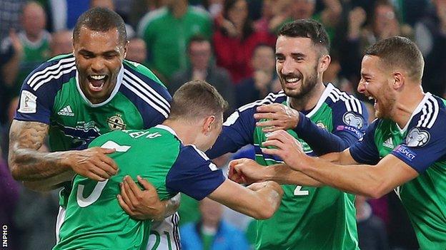 Northern Ireland players celebrate a goal in the last World Cup qualifying campaign