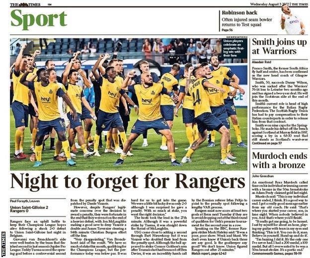 The back page of the Scottish edition of The Times on 030822