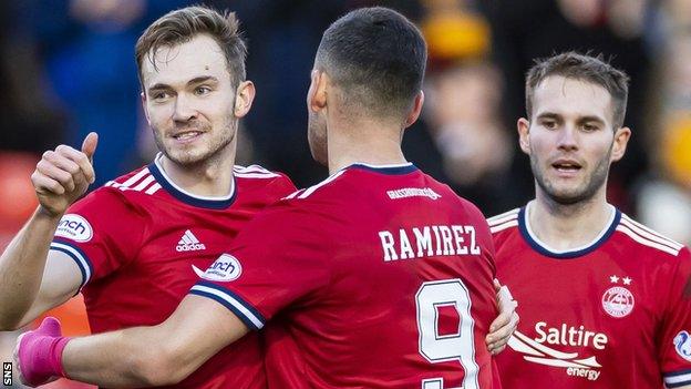 Ryan Hedges celebrates after scoring to make it 1-0 during the Scottish Cup 4th round match between Aberdeen and Edinburgh City