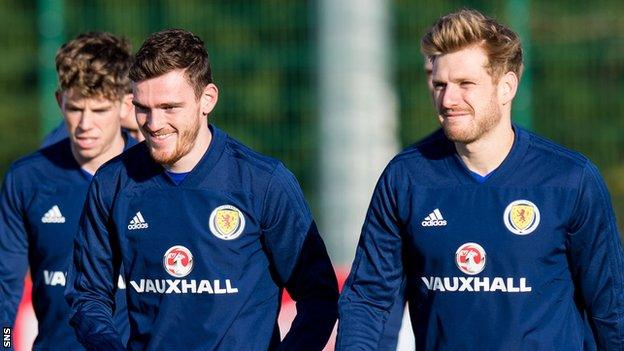 (from left) Ryan Christie, Andrew Robertson and Stuart Armstrong train with Scotland