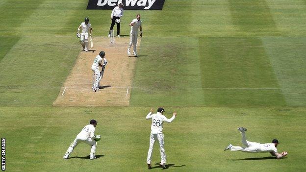 England all-rounder Ben Stokes takes a superb low catch at second slip to dismiss Zubayr Hamza on day two of the second Test against South Africa