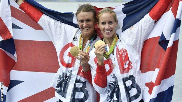 Heather Stanning and Helen Glover pose with their medals on the podium of the Women's Pair final rowing at Rio 2016