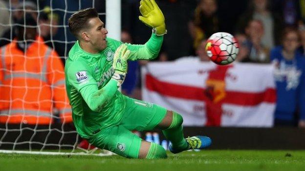 West Ham's Adrian saving a penalty against Watford