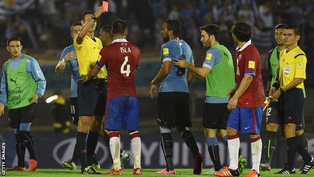 Red card shown after final whistle of World Cup qualifier between Chile and Uruguay