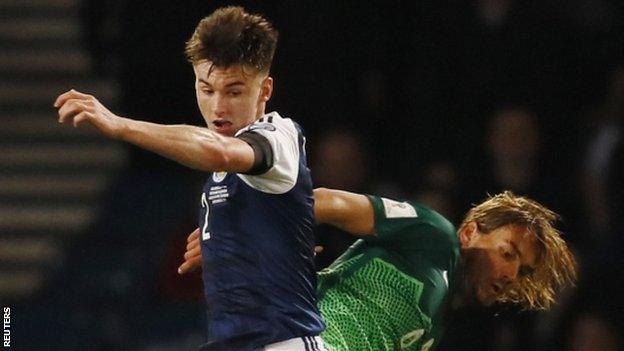 Scotland's Kieran Tierney and Slovenia's Rene Krhin