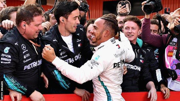 Lewis Hamilton celebrates at the Spanish Grand Prix with his Mercedes teammates