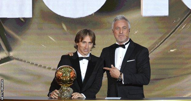 David Ginola with Luka Modric after the Real Madrid midfielder was named world player of the year