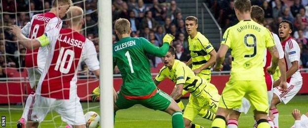 Mikael Lustig scores for Celtic against Ajax