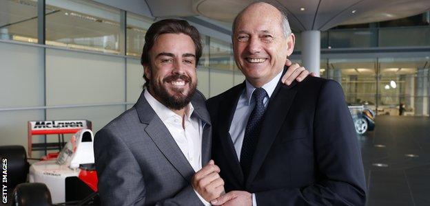 Formula 1 driver Fernando Alonso (left) with Ron Dennis, Chairman and Chief Executive Officer, at McLaren