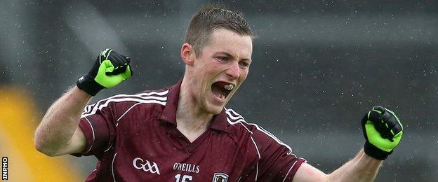 Danny Cummins celebrates after scoring Galway's goal against Derry