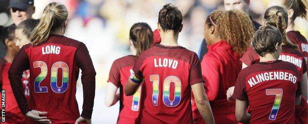 The USA football teams wore shirts with rainbow numbers for friendlies in June 2017