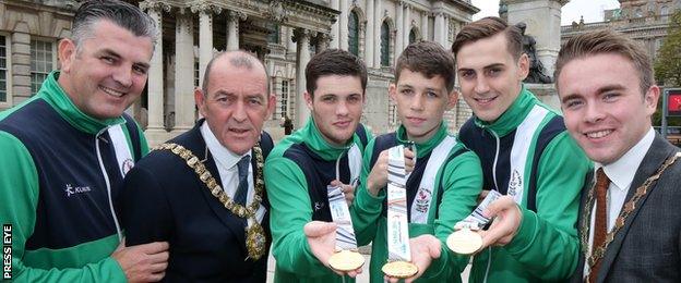 Aidan Walsh (2nd from right) was one of three Northern Ireland boxers to win gold at the 2015 Commonwealth Youth Games